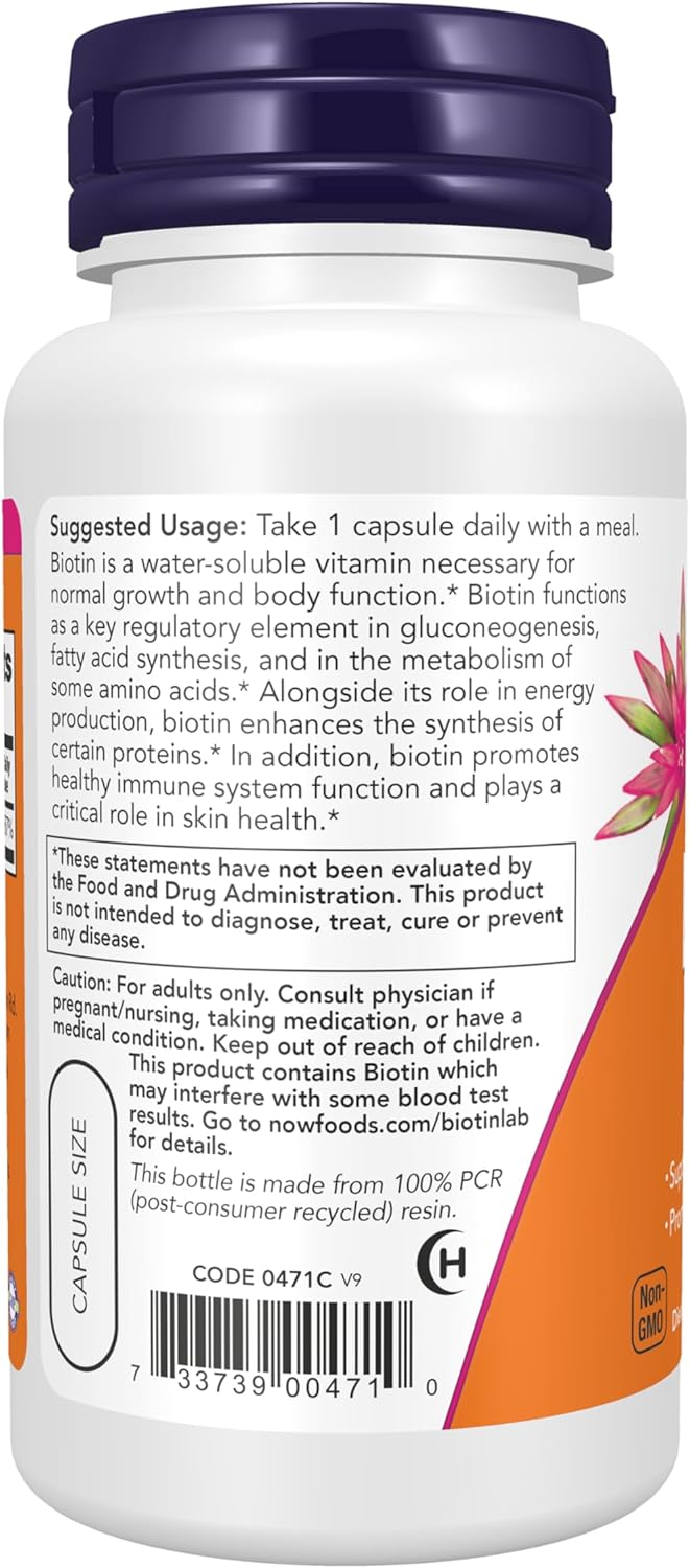 NOW Biotin 5000 mcg supplement facts label for amino acid metabolism and energy production