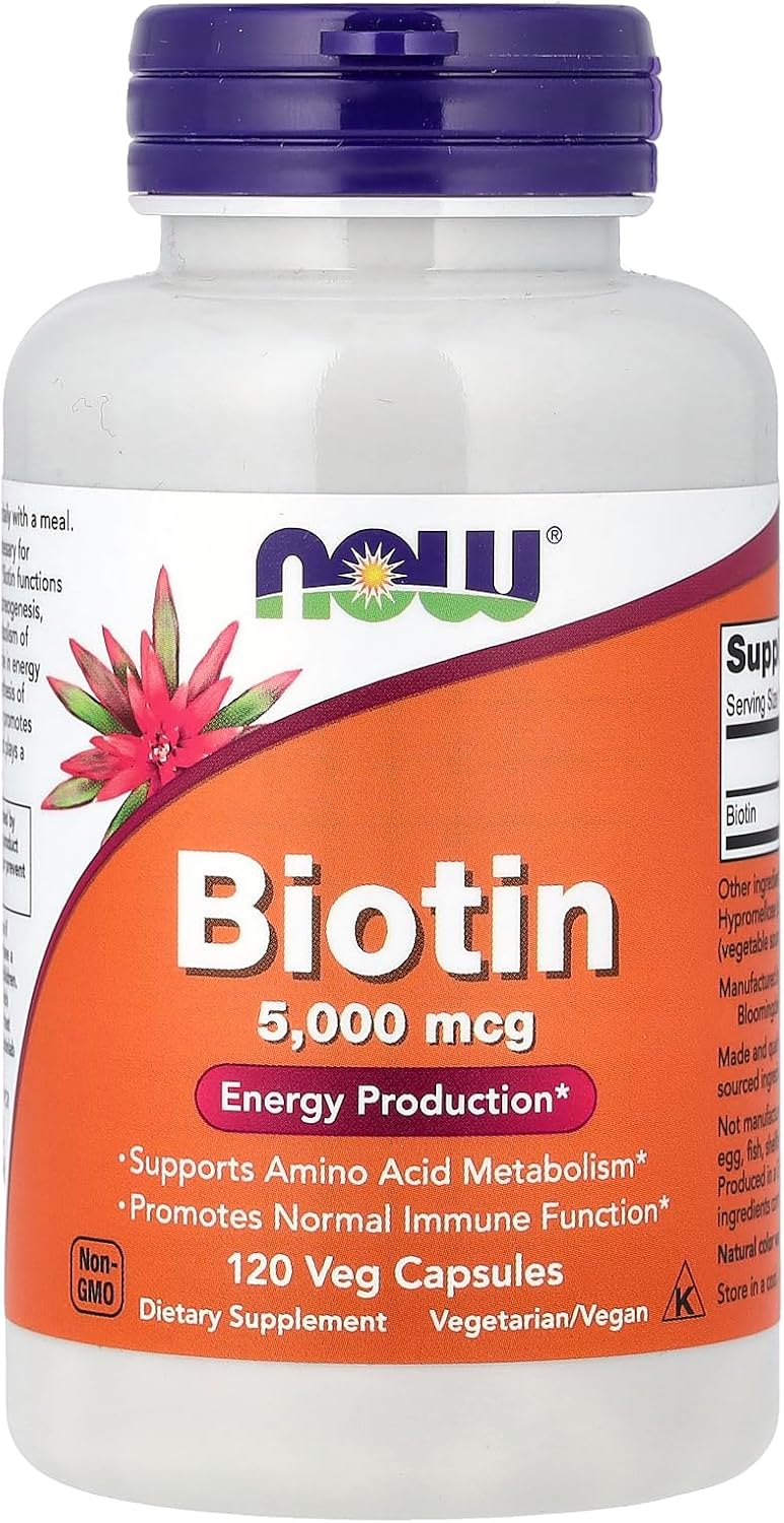 NOW Foods Biotin 120 count bottle with 5 mg biotin capsules for skin and nail support