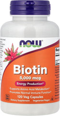 NOW Foods Biotin 120 count bottle with 5 mg biotin capsules for skin and nail support