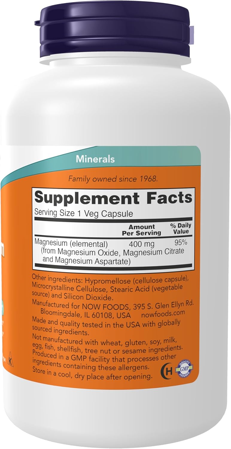 NOW Magnesium 400 mg supplement facts label with oxide, citrate, and aspartate forms