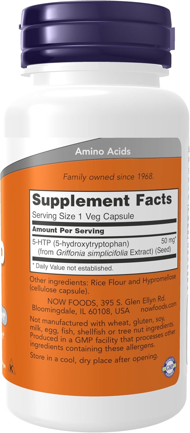 NOW 5-HTP vegan capsules for relaxation and positive mood support.