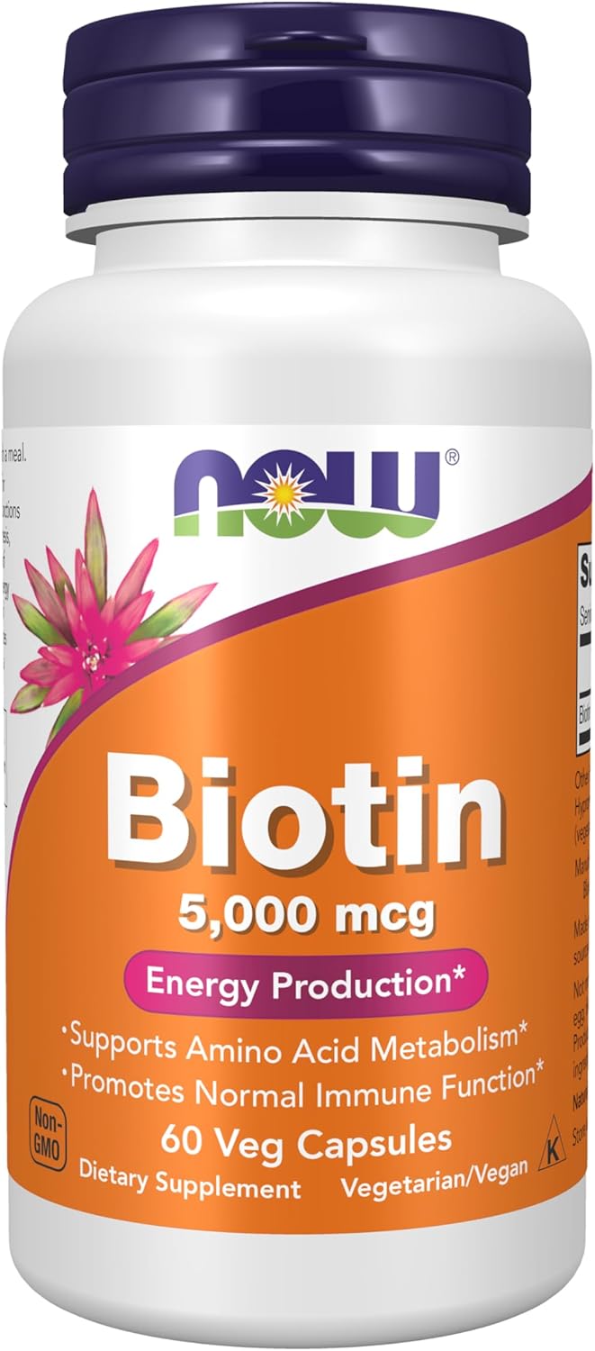 NOW Supplements Biotin 5000 mcg veg capsules bottle for skin health and daily wellness