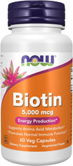 NOW Supplements Biotin 5000 mcg veg capsules bottle for skin health and daily wellness