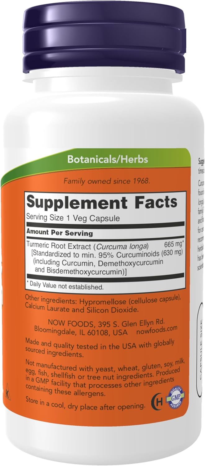 NOW Turmeric Curcumin 665 mg 60 veg capsules front label