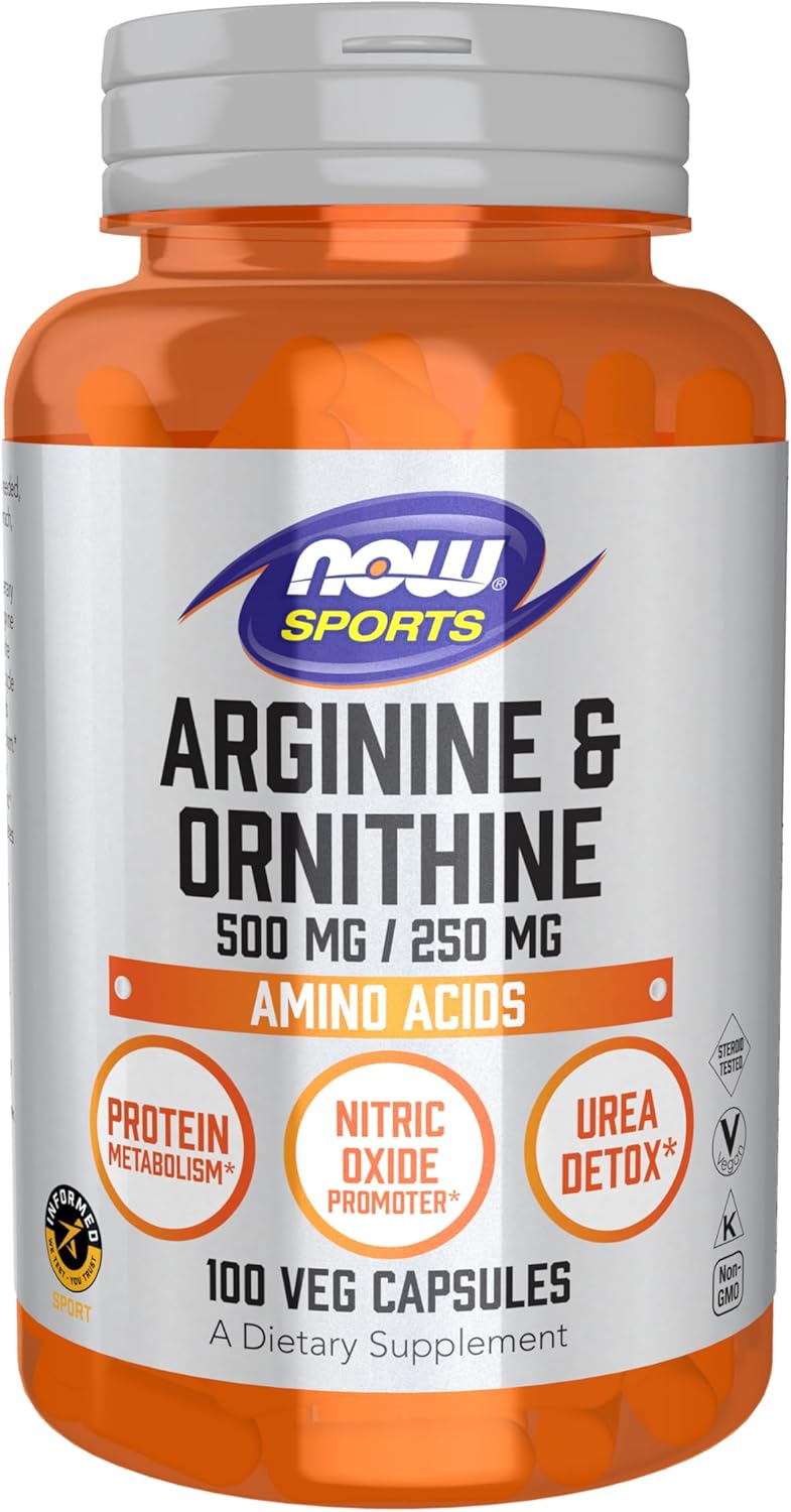 NOW Sports Arginine and Ornithine 500 mg 250 mg 100 veg capsules front label