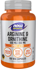 NOW Sports Arginine and Ornithine 500 mg 250 mg 100 veg capsules front label