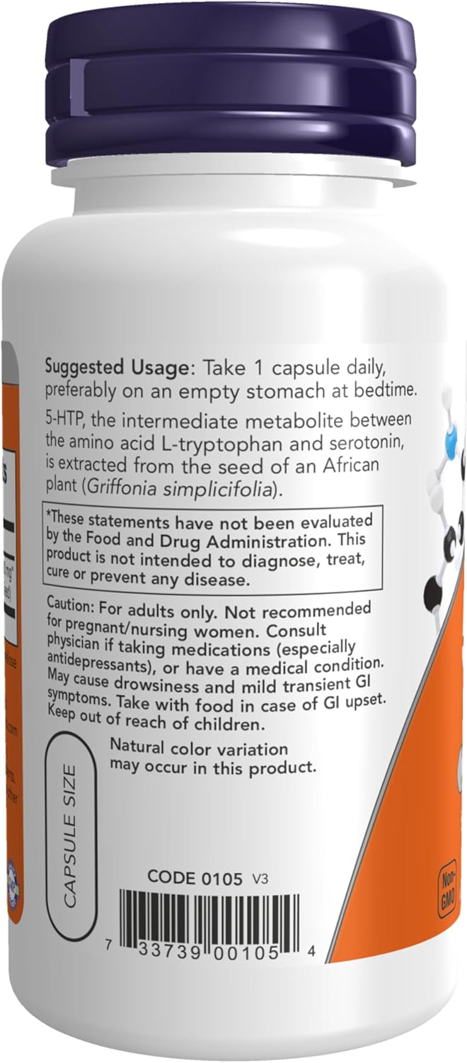 NOW 5-HTP 100 mg Veg Capsules bottle for mood and neurotransmitter support.