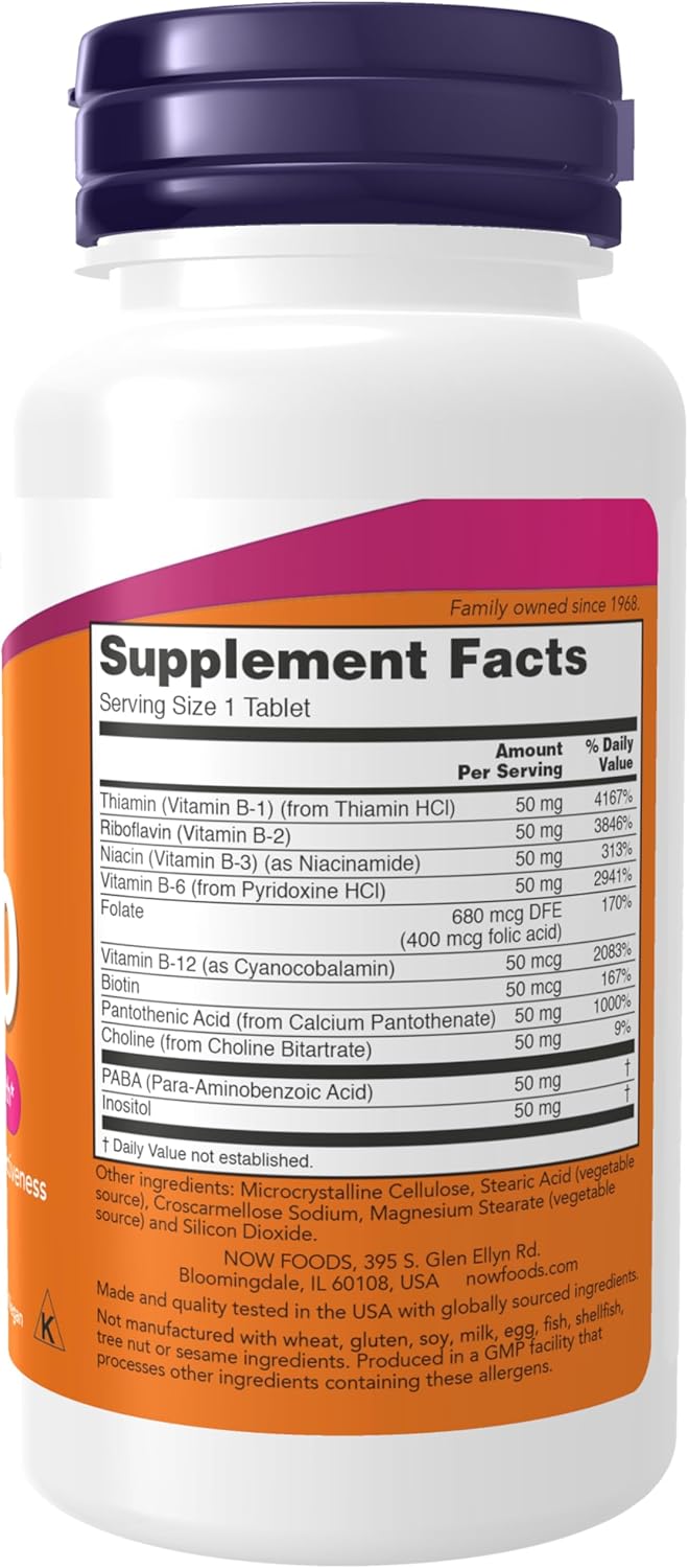 NOW Vitamin B-50 bottle with 100 tablets for daily B-complex nutrition