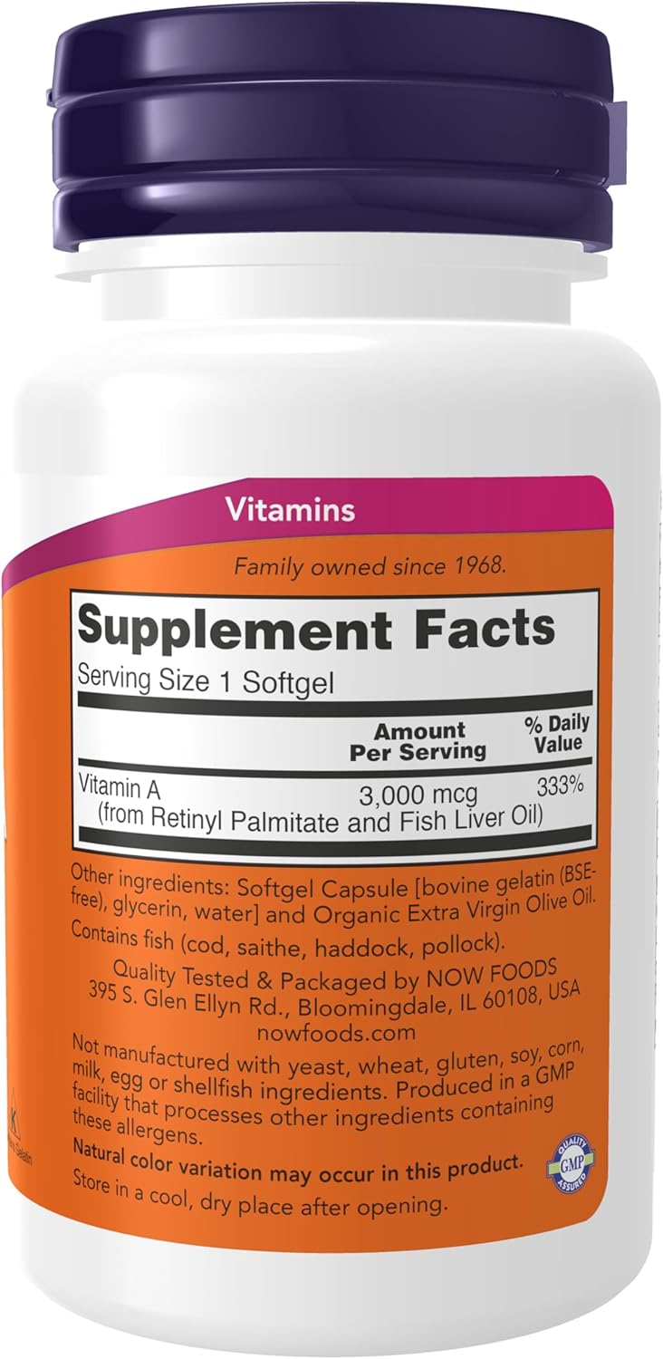NOW Foods Vitamin A 10,000 IU softgels for eye and immune support
