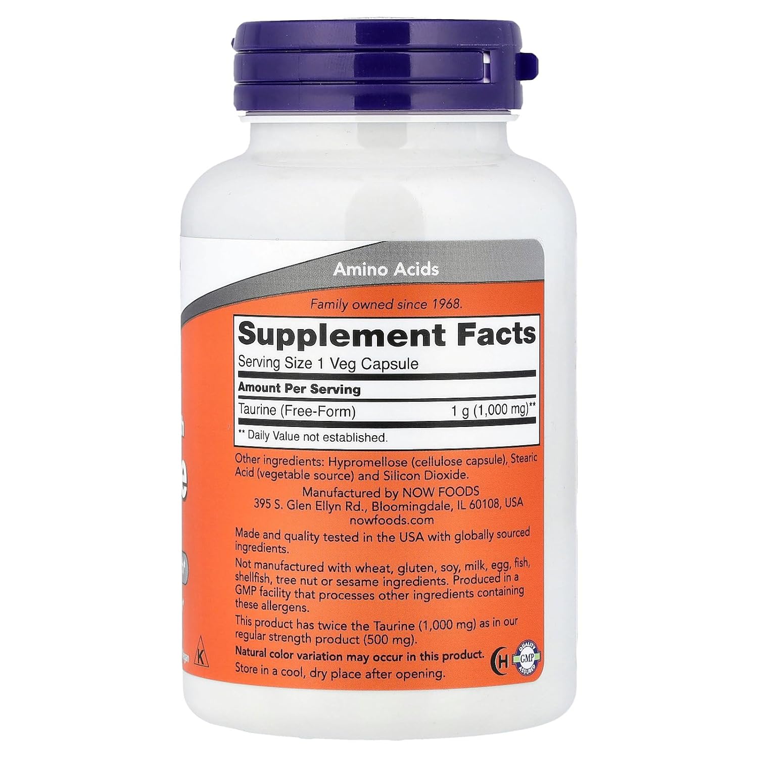 NOW Taurine 1000 mg Double Strength bottle for nervous system and eye health support.