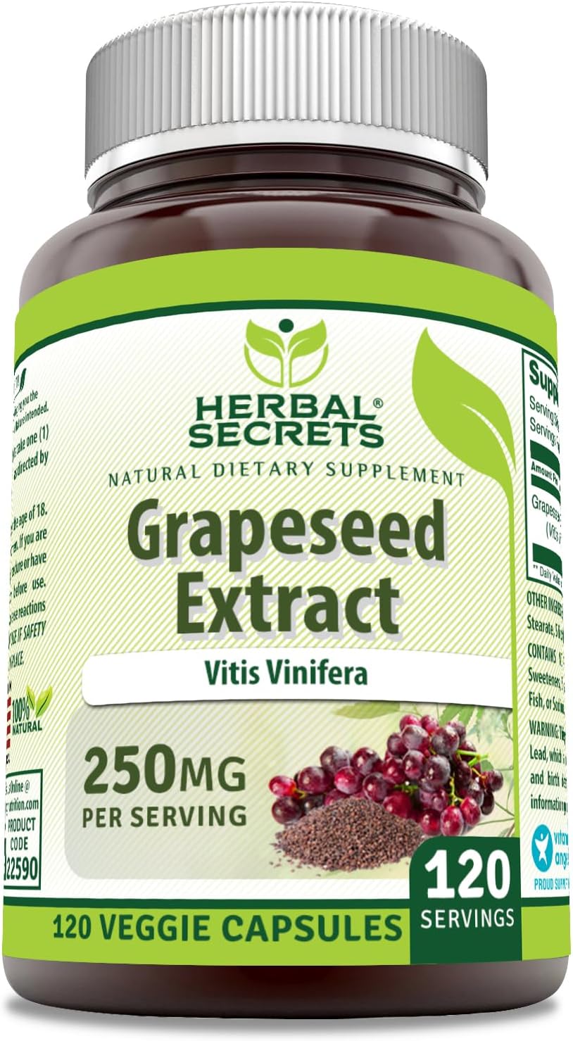 Herbal Secrets Grapeseed Extract 250mg – Non-GMO Antioxidant Support Supplement for Daily Wellness, Gluten-Free, Made in USA – 120 Veggie Capsules