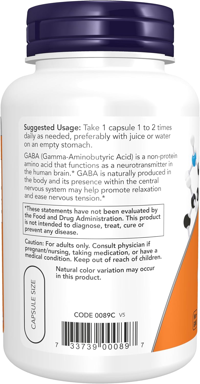 NOW Foods GABA 750 mg vegan supplement for calm mood and nervous system wellness.