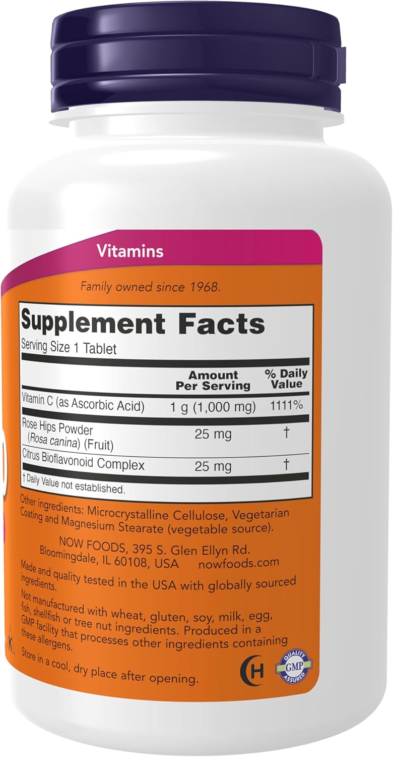 NOW Foods Vitamin C 1000 mg bottle with rose hips and bioflavonoids, 100 tablets