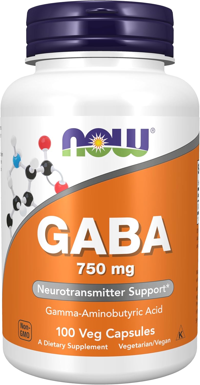 NOW GABA 750 mg 100 Veg Capsules bottle with non-GMO supplement label.