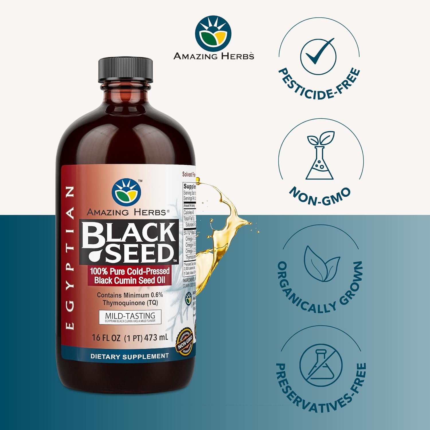 Amazing Herbs cold-pressed black cumin seed oil supplement with mild flavor 16 fl oz