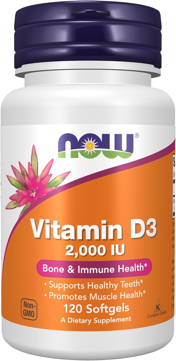 Supplement facts label for NOW Foods Vitamin D3 2,000 IU softgels