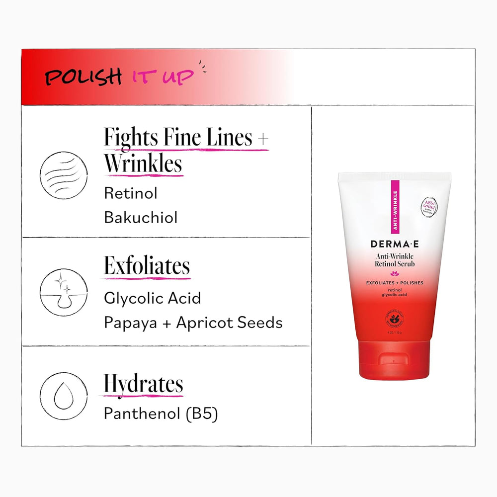 DERMA E anti-aging face scrub tube designed to remove oil, makeup, and impurities