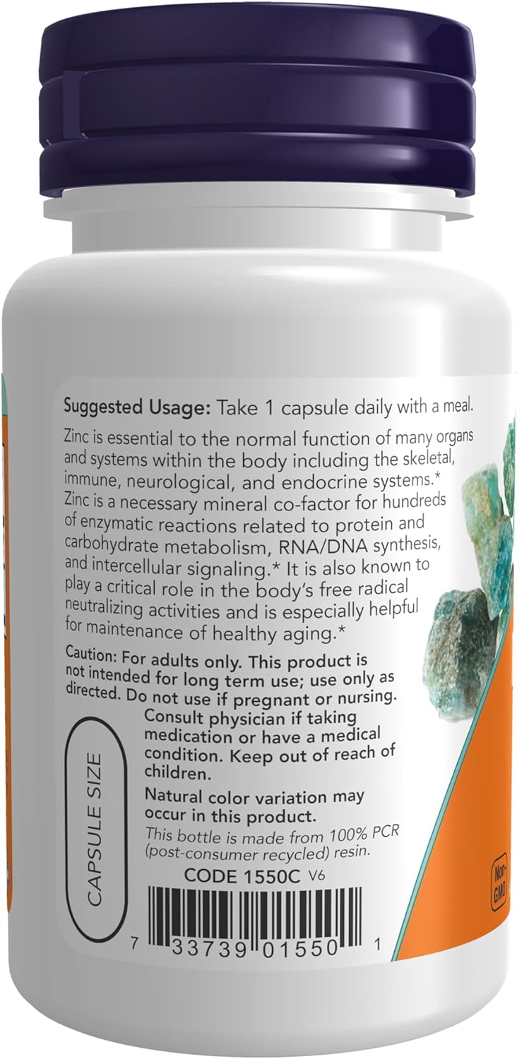NOW Foods Zinc Picolinate 50 mg bottle, 60 vegan capsules for immune support