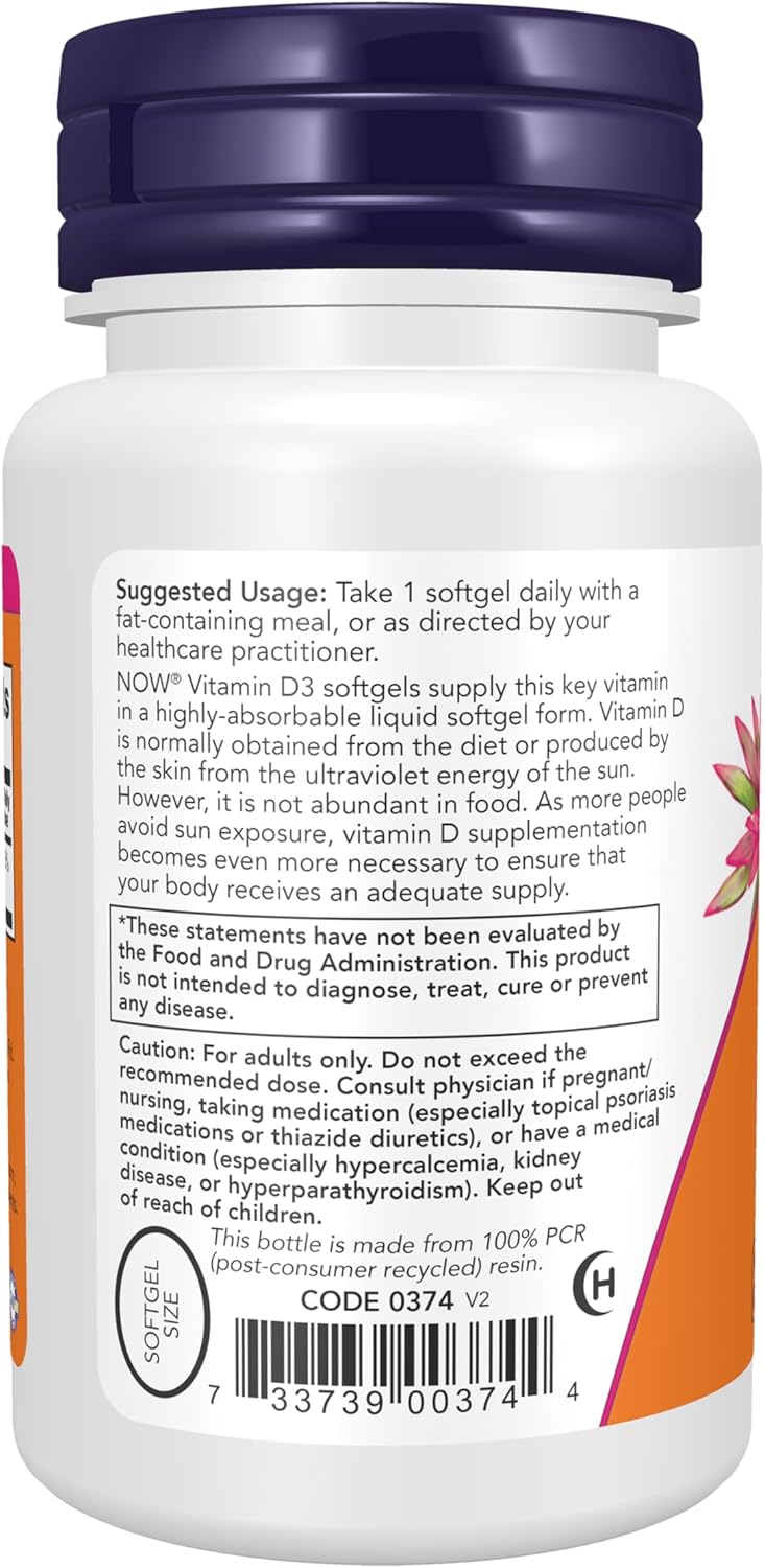 NOW Foods Vitamin D3 5,000 IU softgels for bone and immune support