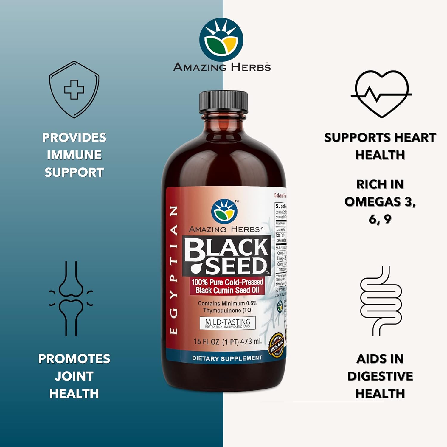 Non-GMO gluten-free black seed oil by Amazing Herbs for daily herbal wellness support