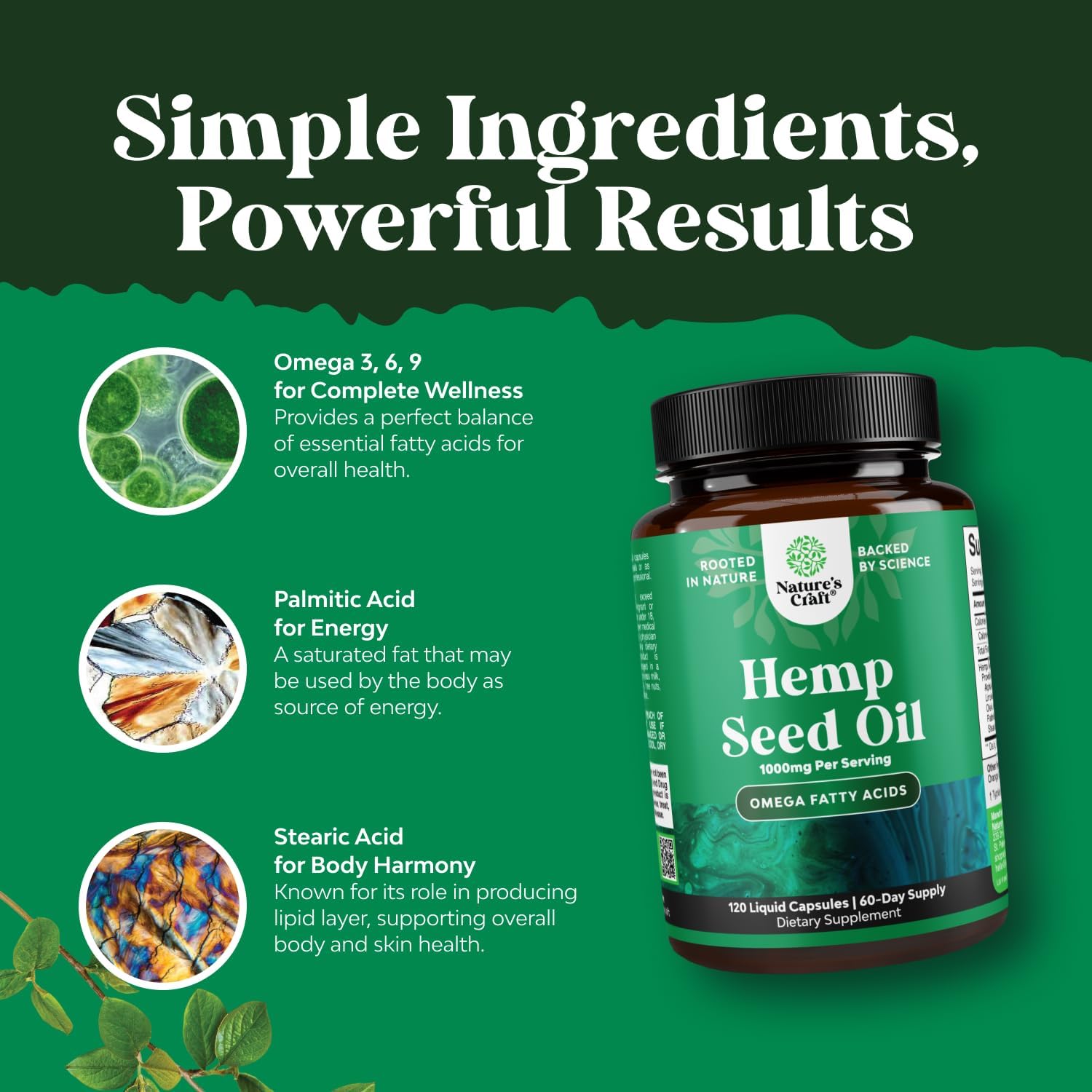 Nature's Craft Hemp Seed Oil 1000mg capsules bottle with vegan omega 3 6 9 support