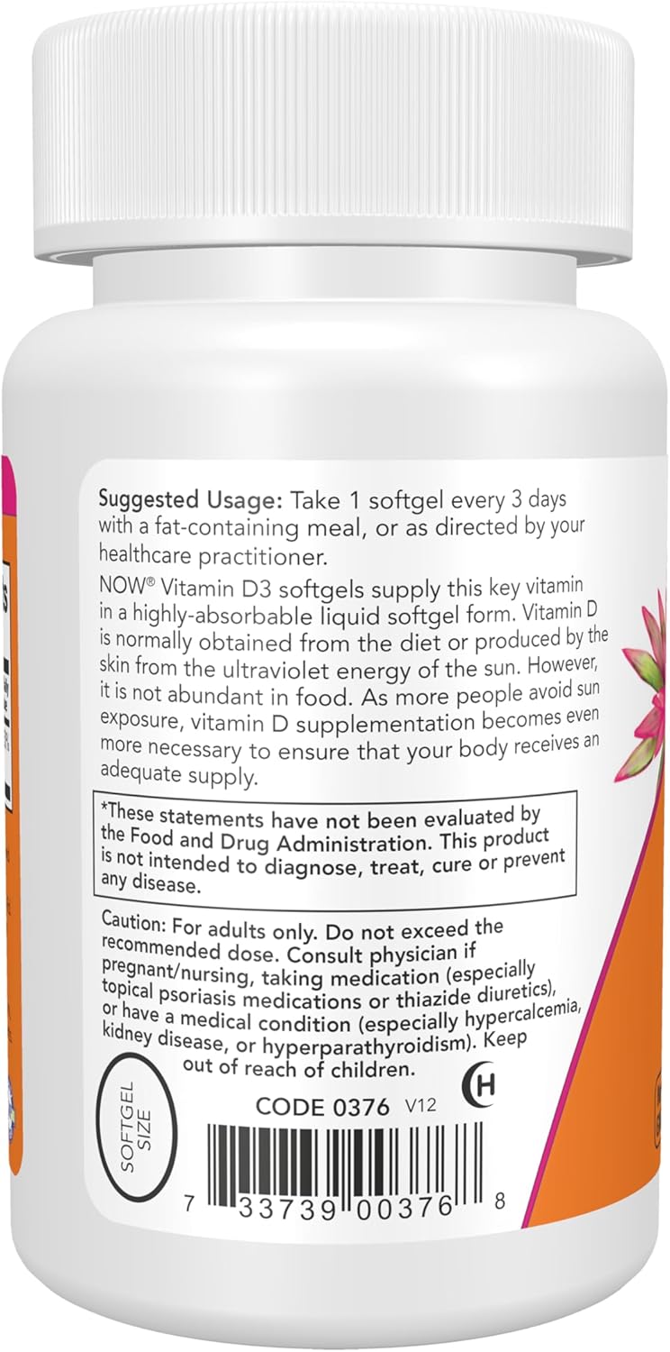 NOW Foods Vitamin D3 10,000 IU softgels for bone and immune support