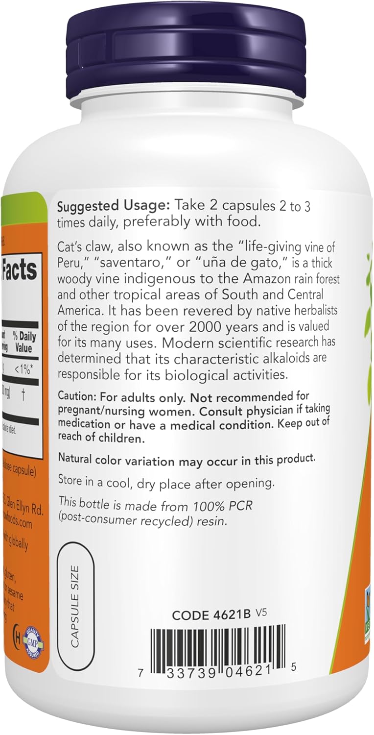 NOW Cat’s Claw 500 mg 250 veg capsules front bottle label with Uña de Gato