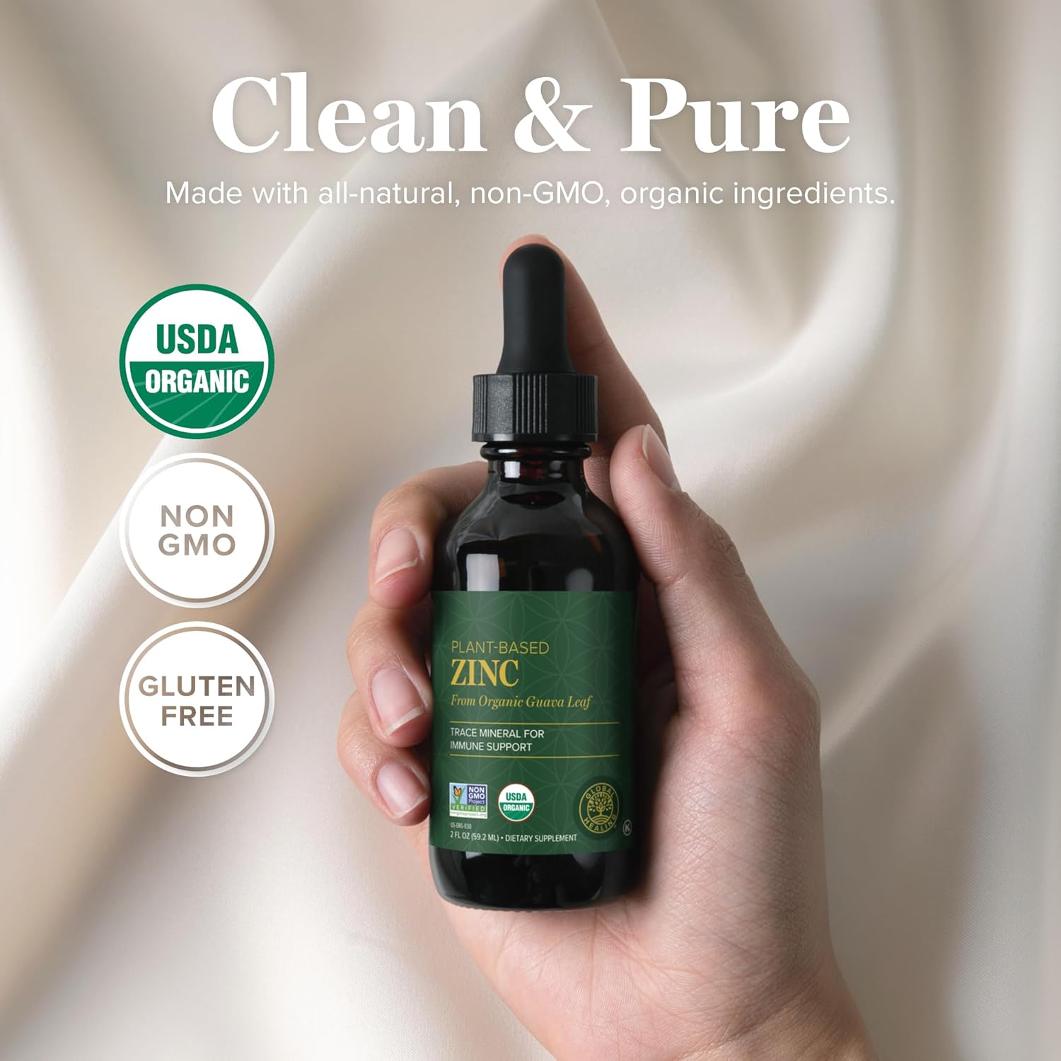Global Healing Organic Liquid Zinc Drops – USDA Organic Zinc Supplement for Immune, Hormone & Healthy Aging Support, Vegan & Non-GMO, 2 Fl Oz