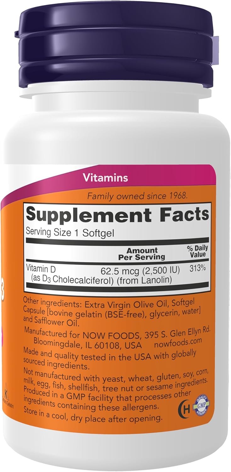 NOW Foods Vitamin D3 2,500 IU softgels for bone and immune support