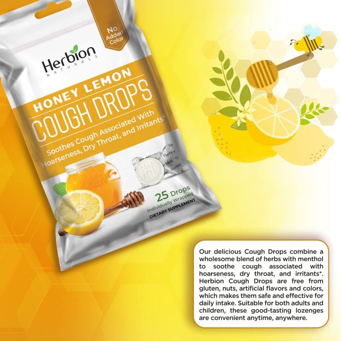 Herbion Naturals Honey Lemon Flavored Cough Drops 25 count sugar free throat soother