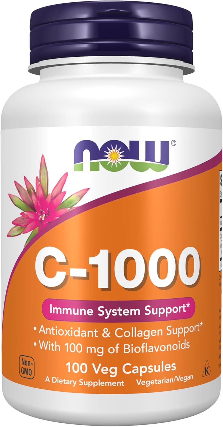 NOW Vitamin C-1000 supplement facts label with 100 mg bioflavonoids for antioxidant protection