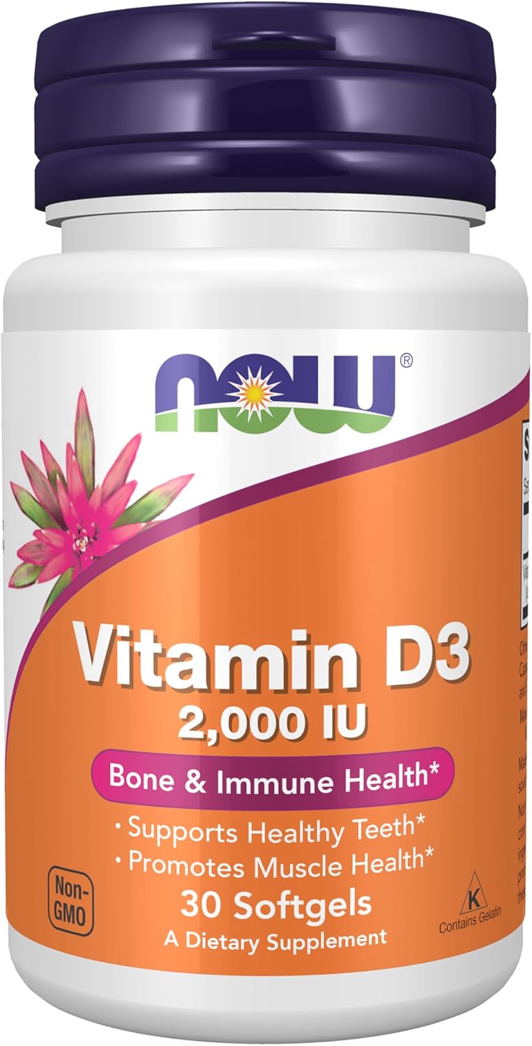 Supplement facts label for NOW Foods Vitamin D3 2,000 IU softgels