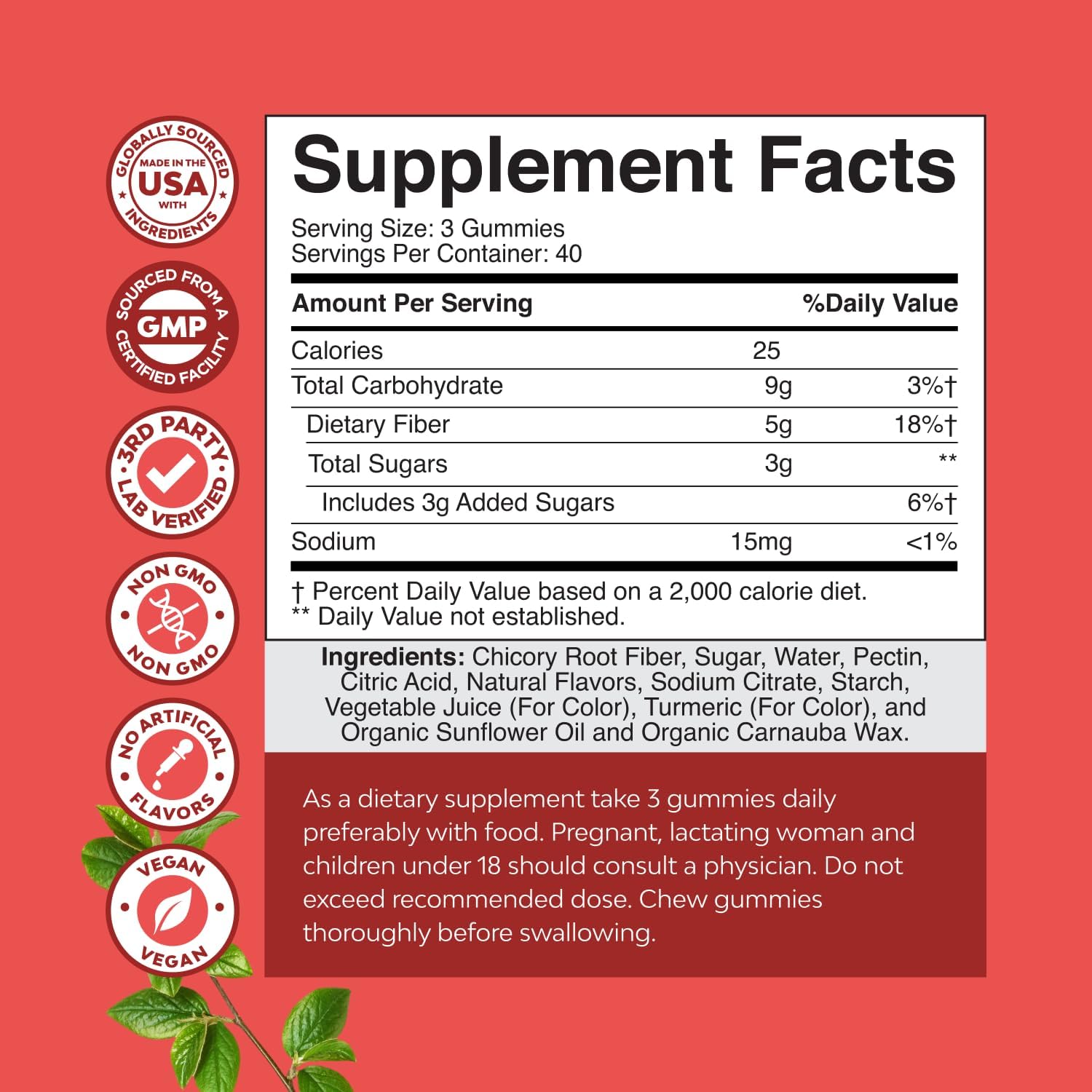 Nature’s Craft Fiber Gummies supplement facts showing 5 g dietary fiber