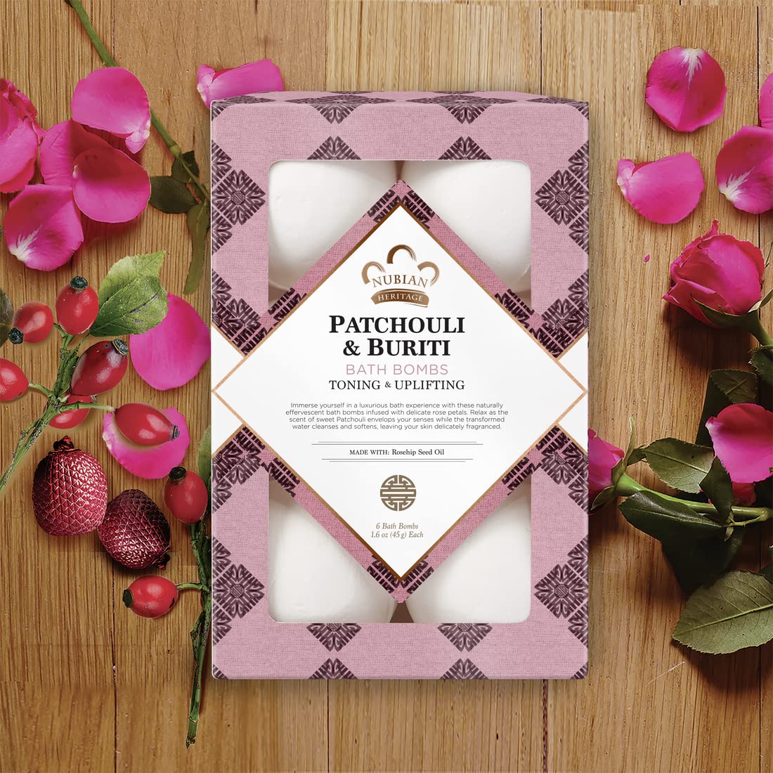 Toning and uplifting Nubian Heritage bath bombs with rosehip seed oil, 6 count