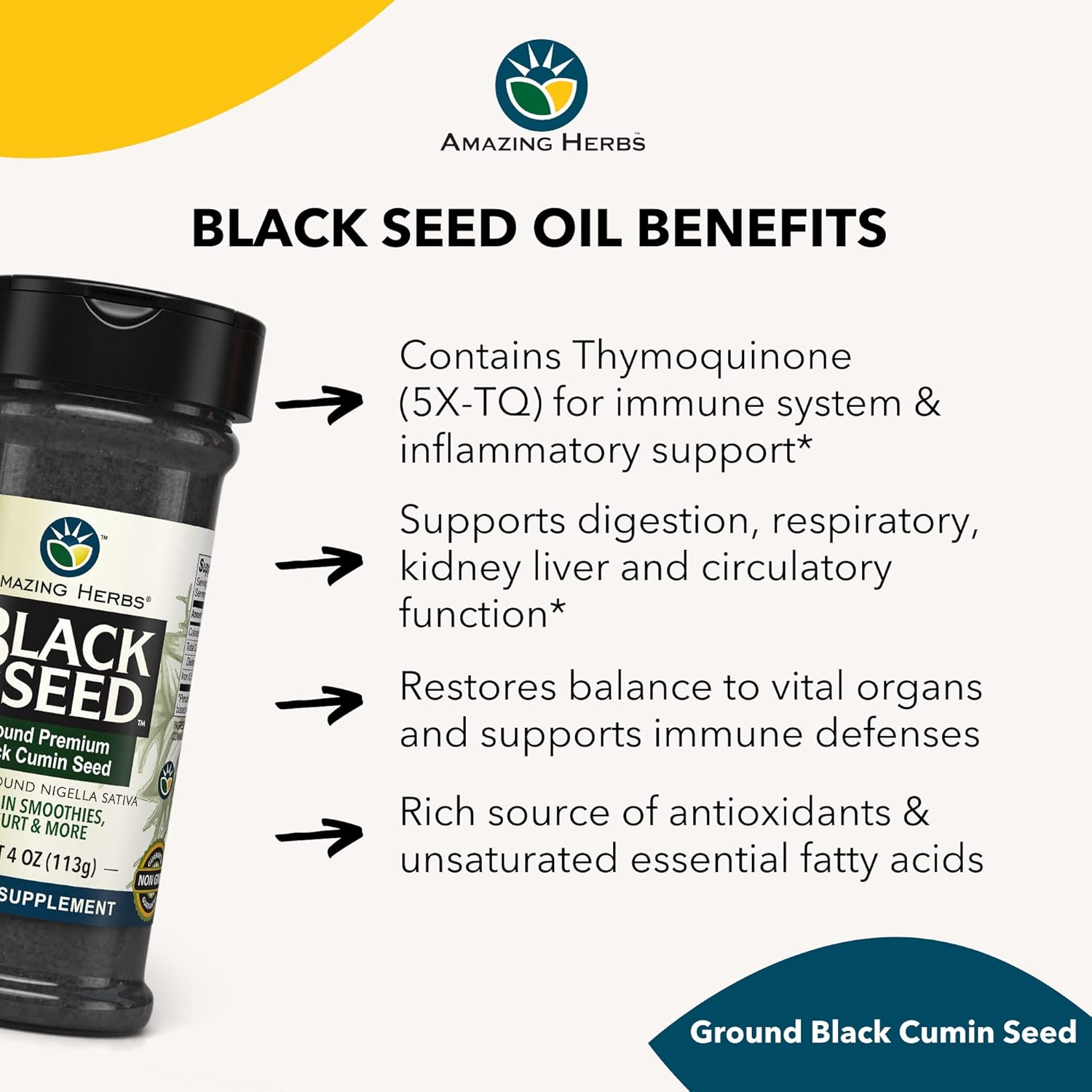 Amazing Herbs Black Seed supplement facts with 1 tsp serving size