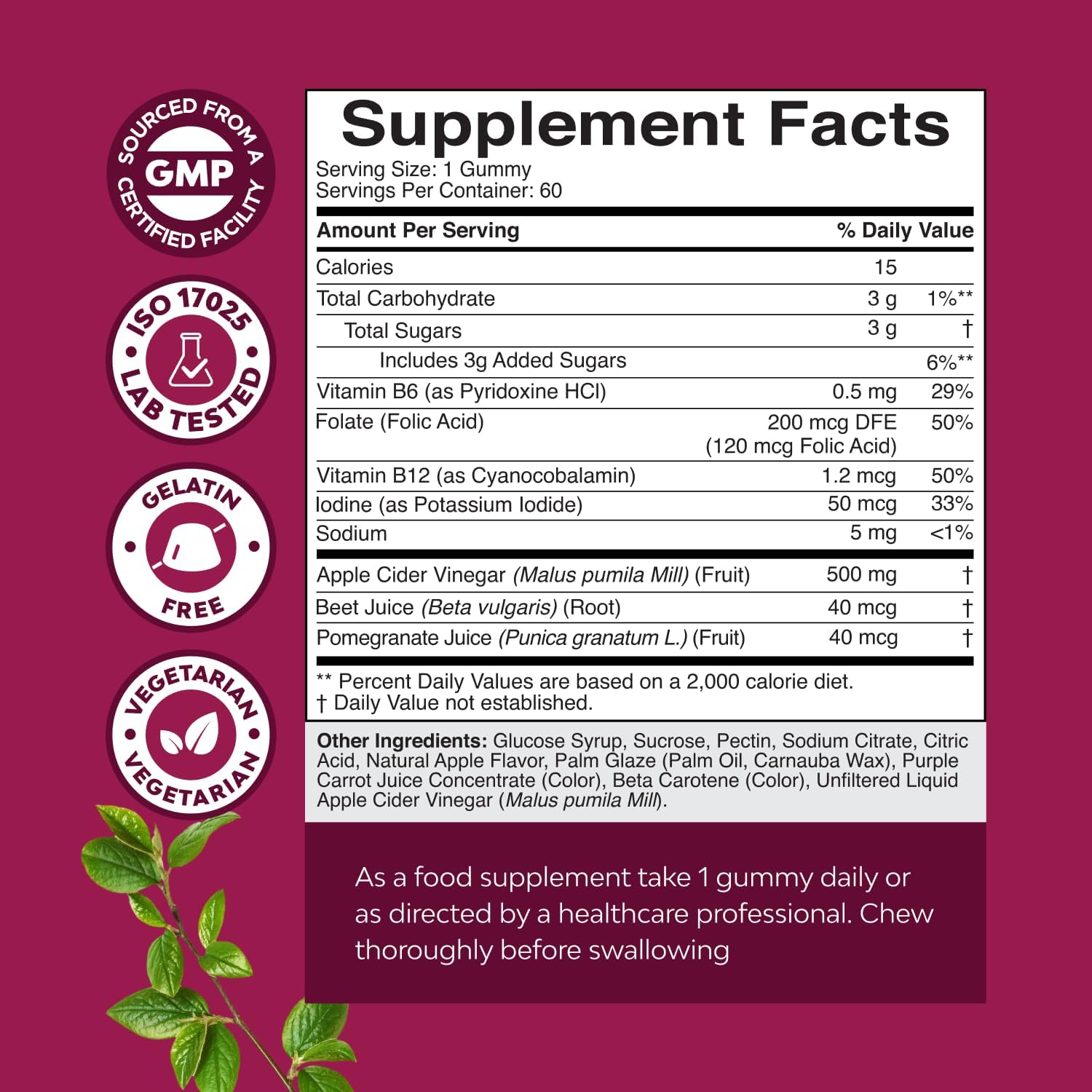 Nature’s Craft Apple Cider Vinegar Gummies supplement facts with 500 mg ACV