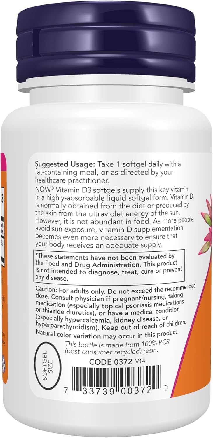 NOW Vitamin D-3 high potency supplement bottle with 120 softgels