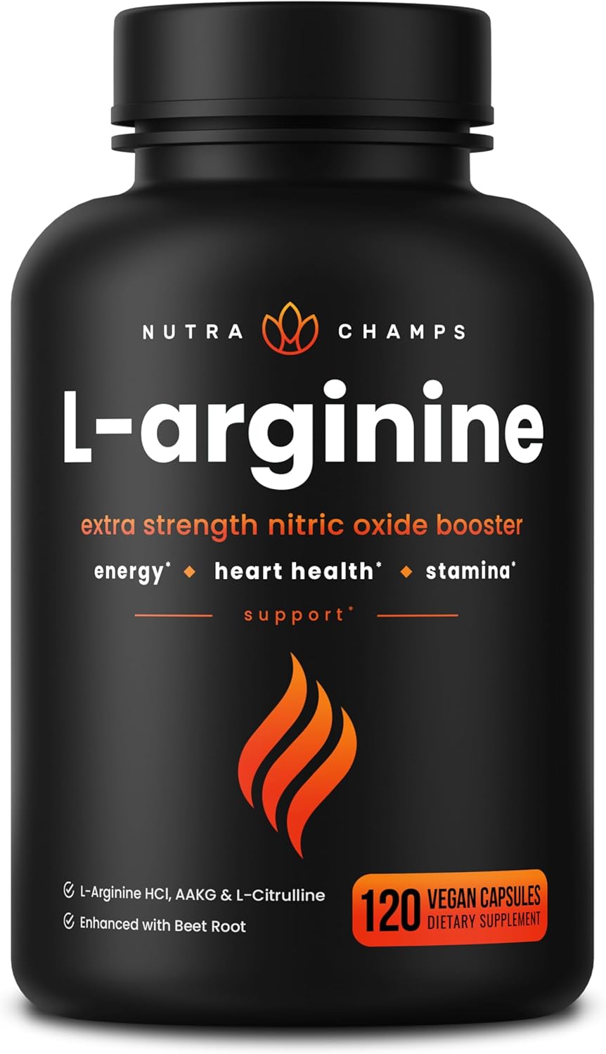 Nutra Champs L-Arginine nitric oxide booster bottle with 120 vegan capsules