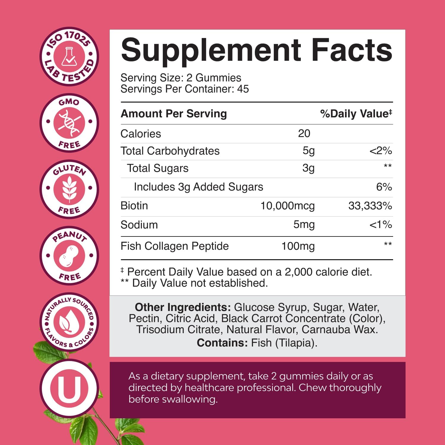 Nature’s Craft Collagen Biotin Gummies supplement facts with 10,000 mcg biotin