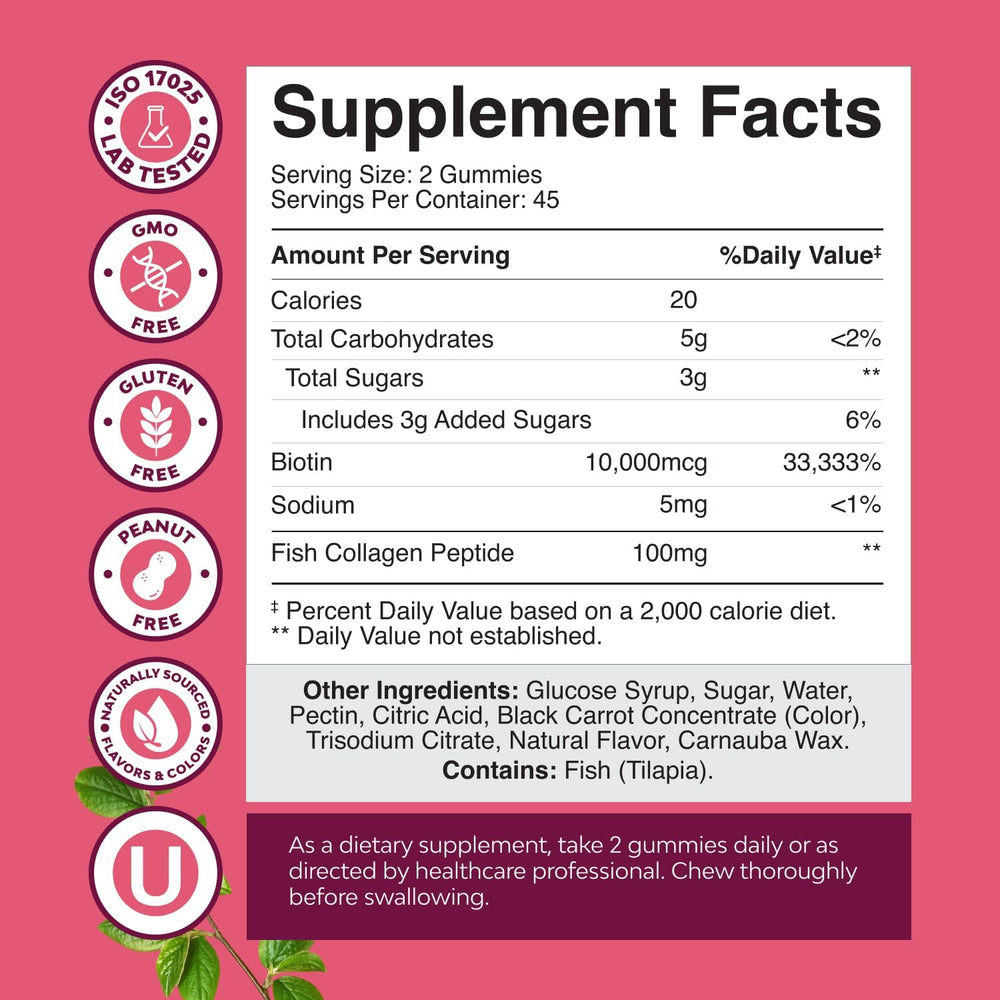 Nature’s Craft Collagen Biotin Gummies supplement facts with 10,000 mcg biotin