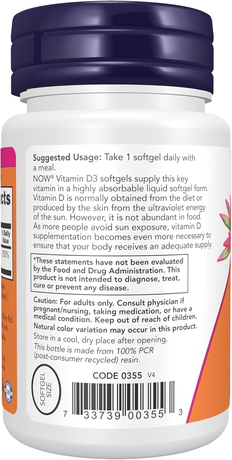 NOW Vitamin D-3 high potency supplement bottle with 30 softgels