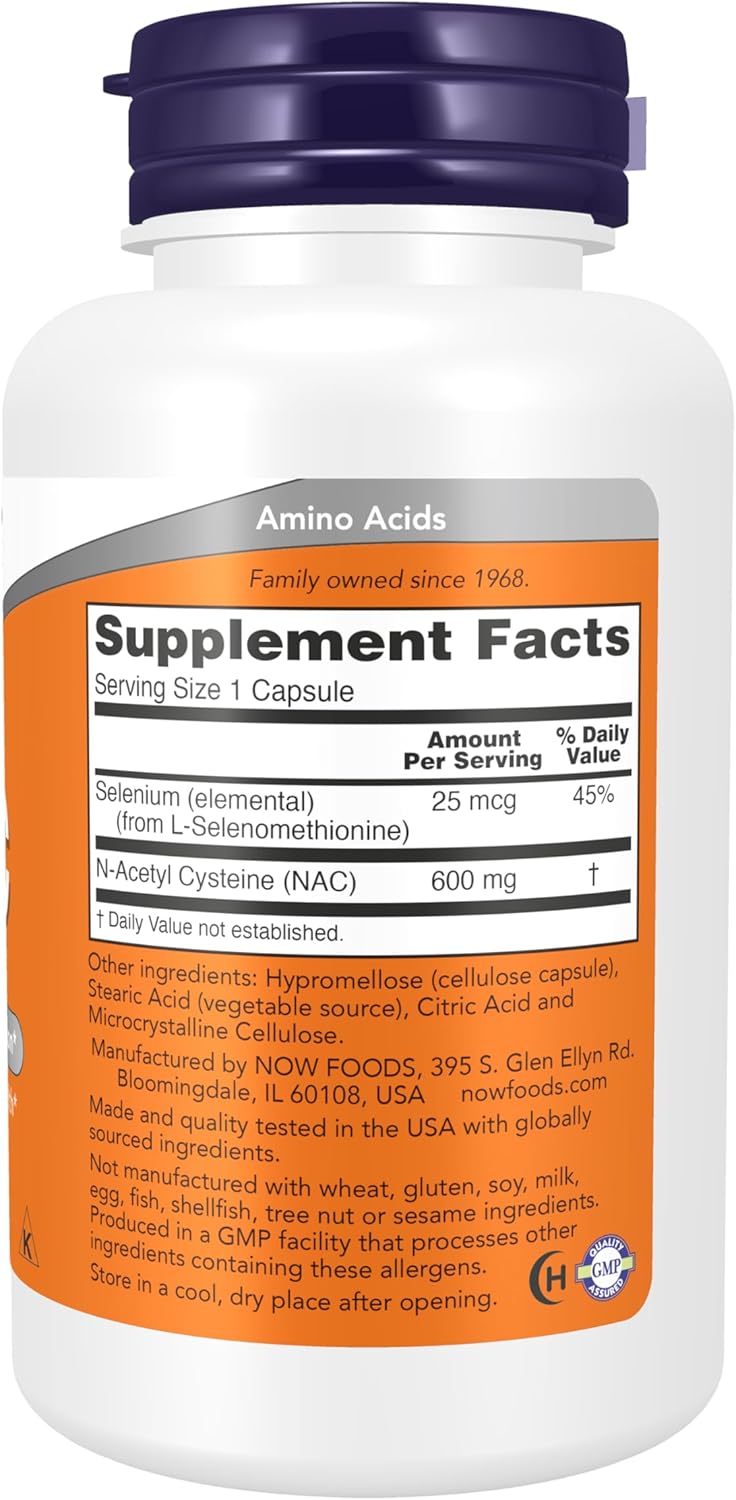 NOW NAC 600 mg with molybdenum supplement bottle for antioxidant and cellular support, 100 capsules.
