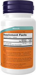 NOW Zinc 50 mg supplement facts label showing 455% daily value per tablet