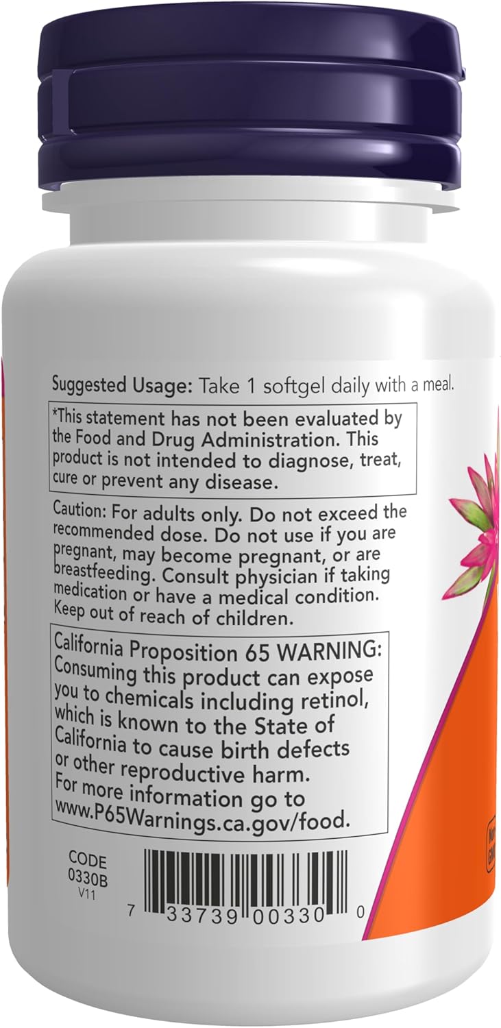 NOW Vitamin A supplement bottle with 100 softgels for daily nutrition