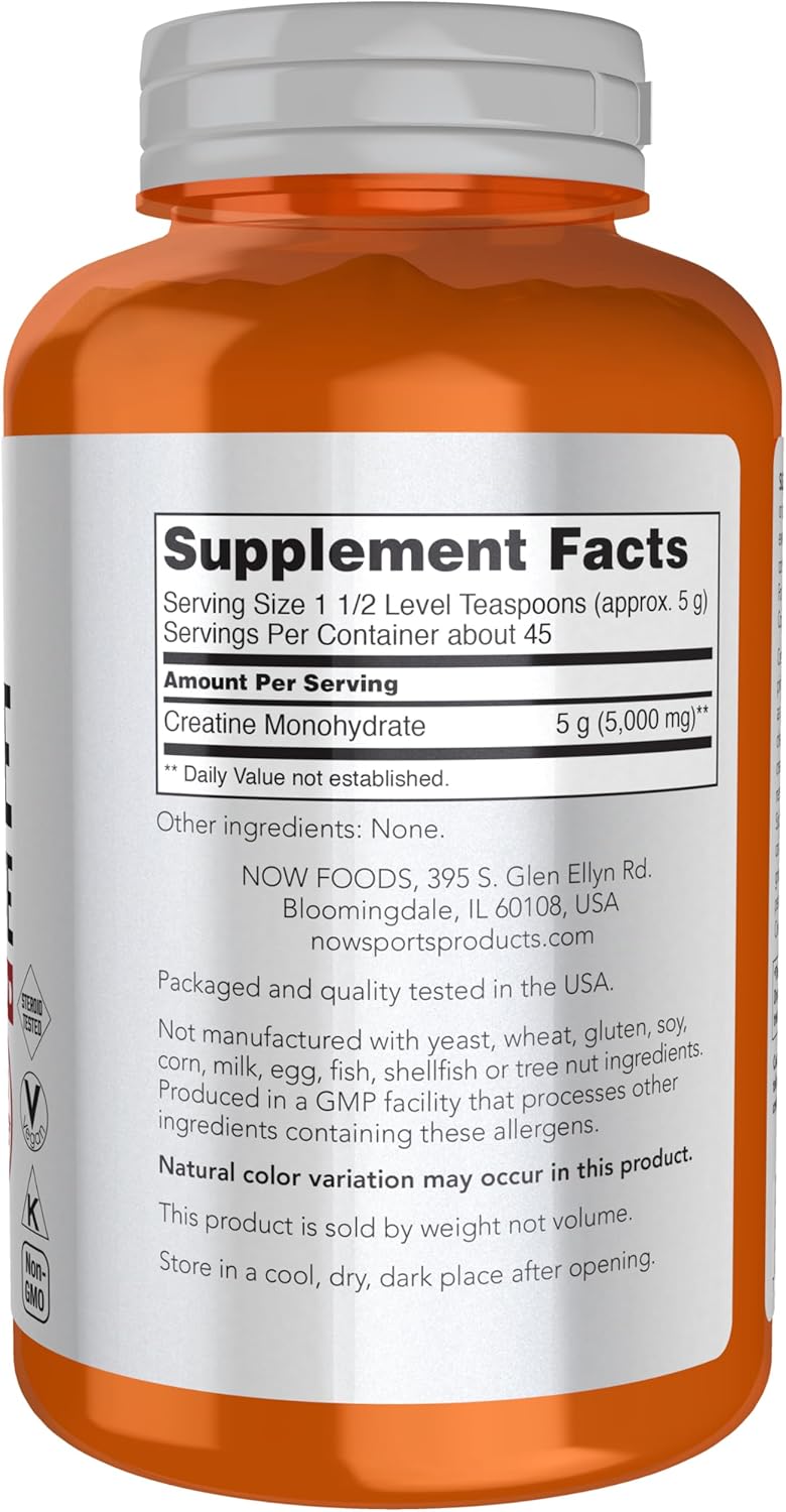 NOW Sports Creatine Monohydrate supplement facts label showing 5g creatine serving