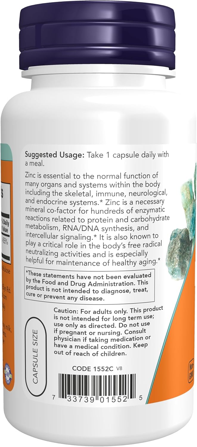 NOW Zinc Picolinate supplement facts label showing 50 mg zinc per capsule