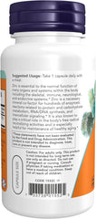 NOW Zinc Picolinate supplement facts label showing 50 mg zinc per capsule
