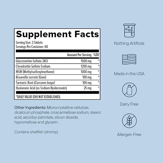 Joint support supplement facts label with glucosamine chondroitin MSM and hyaluronic acid