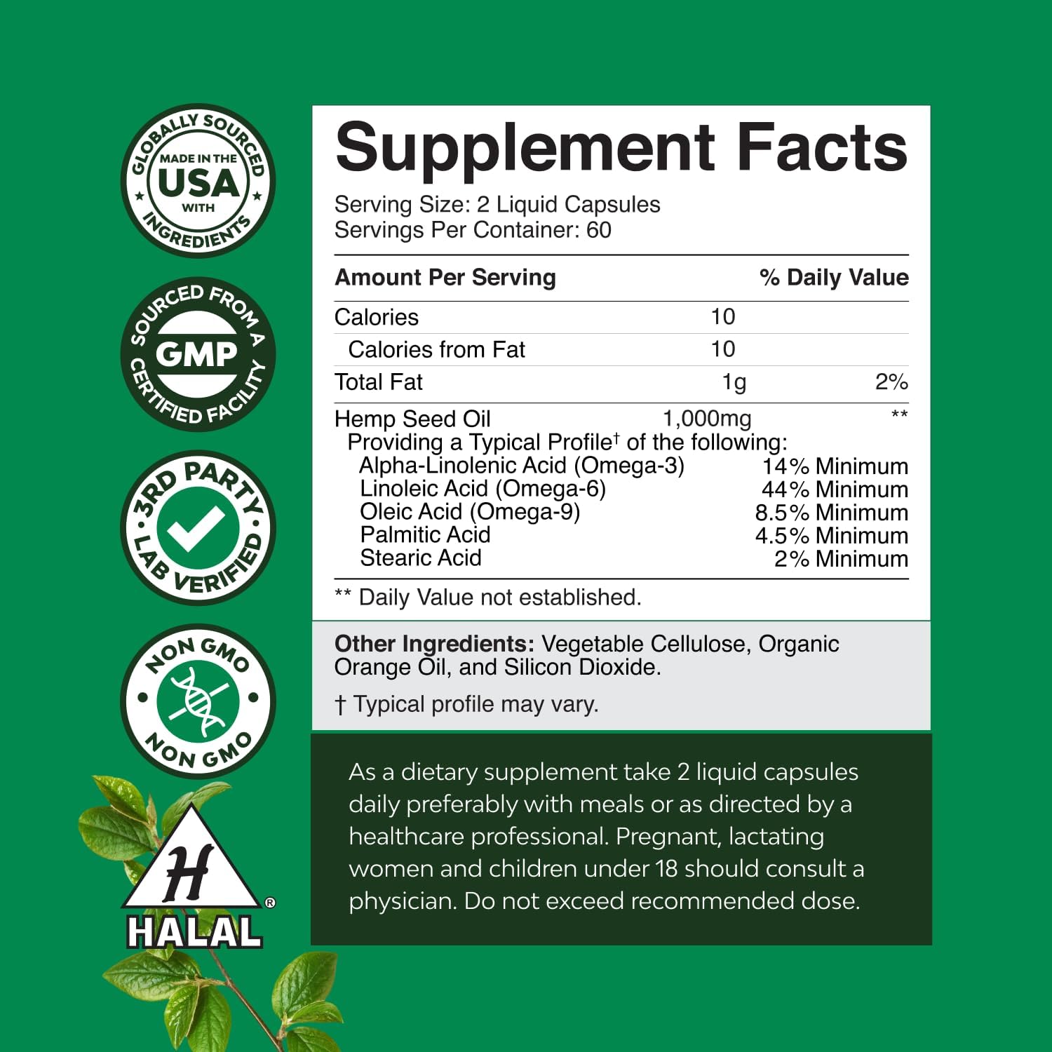 Supplement facts label for Nature's Craft Hemp Seed Oil 1000mg per serving capsules