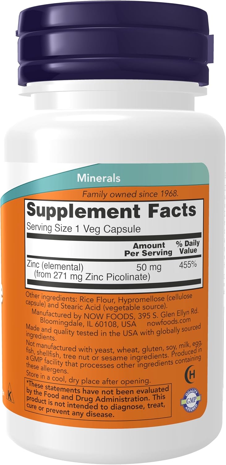 NOW Foods Zinc Picolinate 50 mg bottle, 30 vegan capsules for immune support